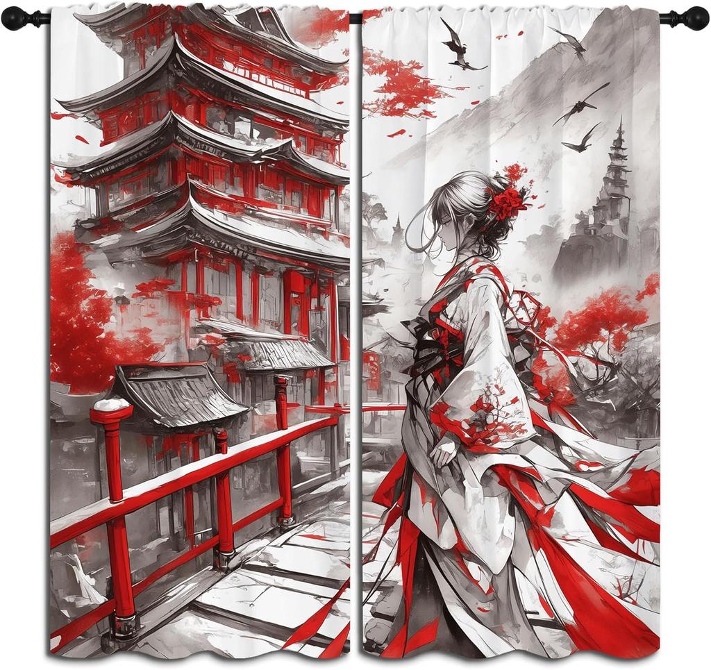 Modern Anime Curtains Boys Girl Bedroom Decor Japanese Cherry Blossom Female Samurai Thermal Insulated Curtain Blackout For Sleeping Area Polyester