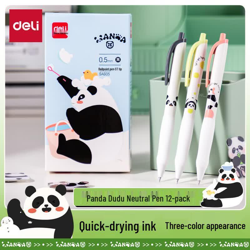 Deli Panda Quick-Dry Retractable Gel Pen, 0.5mm Black (12-Pack)
