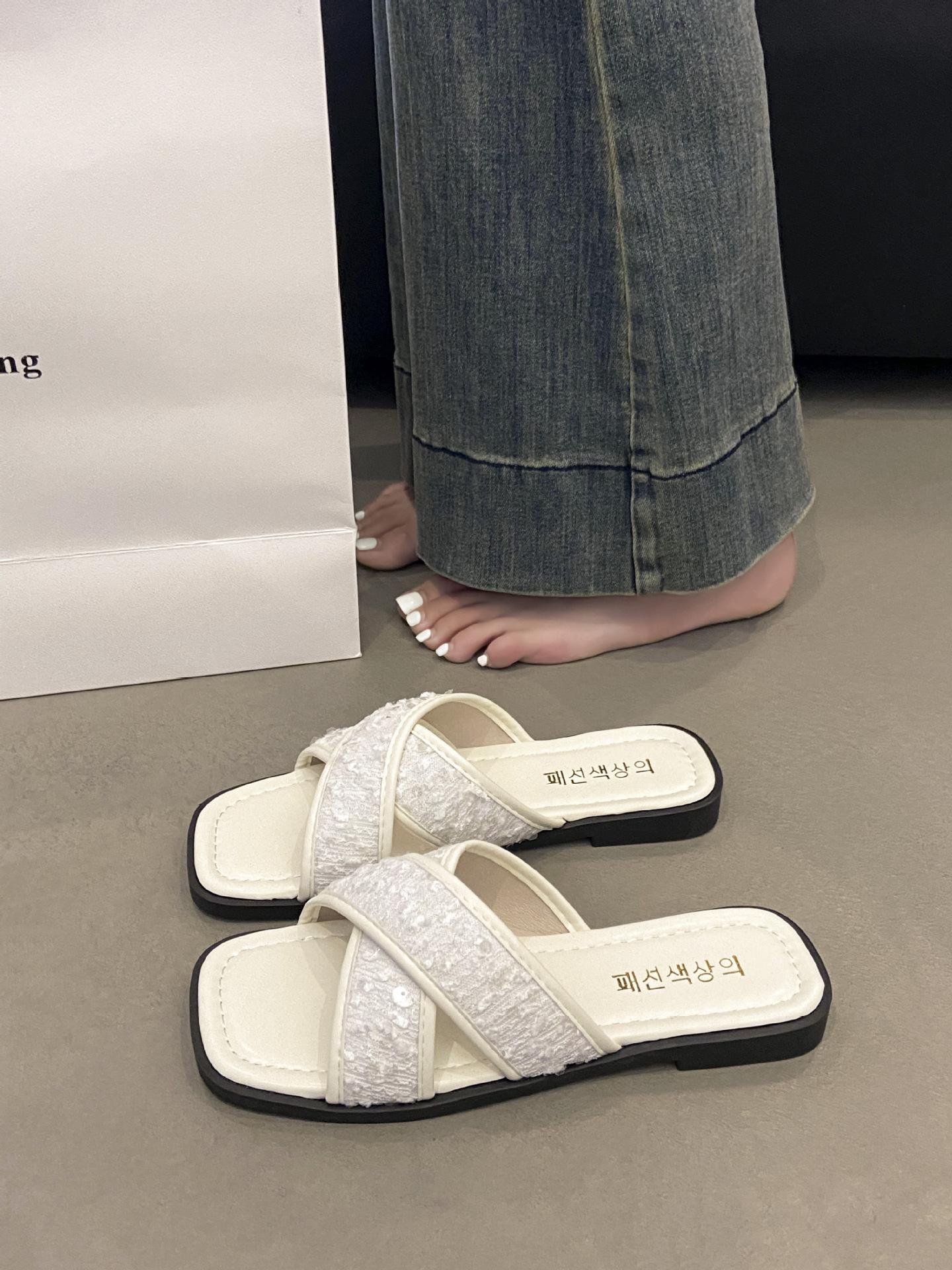 

Юбка с пайетками, одно слово, модная, красивая, новая, супер-огонь с пляжной плоской подошвой, классные тапочки, женская летняя одежда 40 бежевый