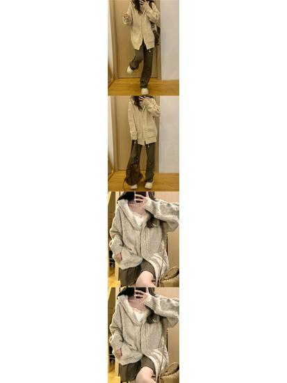 Dámský pletený kardigan s kapucí a silnou copánkovou vazbou - Podzimní/zimní styl