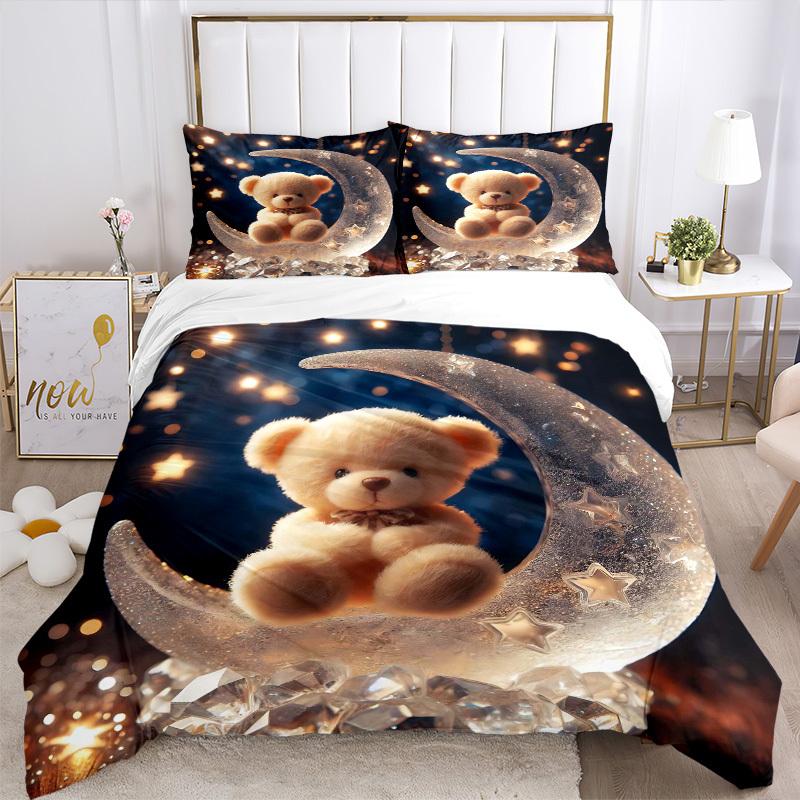 3pcs Christmas Festival Gift - Cute Teddy Bear Moon Bedding Set with One Quilt Cover and Two Pillowcases (No Core) - Home Decor, Anime Carto