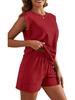 Women's 2026 Summer Solid Color Two-Piece Set: Round Neck Top & Pocket Shorts
