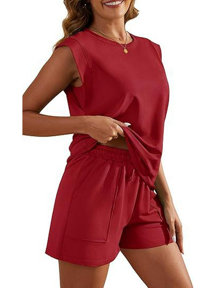 Women's 2026 Summer Solid Color Two-Piece Set: Round Neck Top & Pocket Shorts