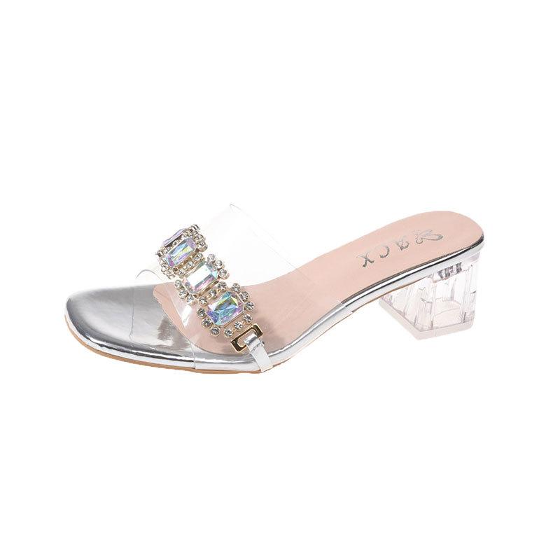 Cool Slippers 2025 New Women's Summer Transparent Thick Heel Going Out High Heels Gentle Wind Water Diamond Non-slip One-word Drag