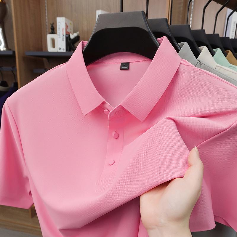 

High-End Men s Seamless Ice Silk Polo Shirt - Solid Color, Breathable, Sweat-Absorbent, Short Sleeve, Lapel T-shirt for Summer 4XL (recommended 180-200 lbs) рожевий