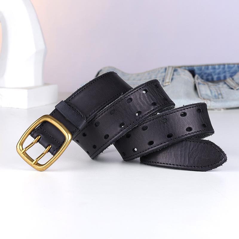 First Layer Cowhide Men'S Belt Double Row Hole Hollow Belt Casual Temperament Retro Leather Belt Factory