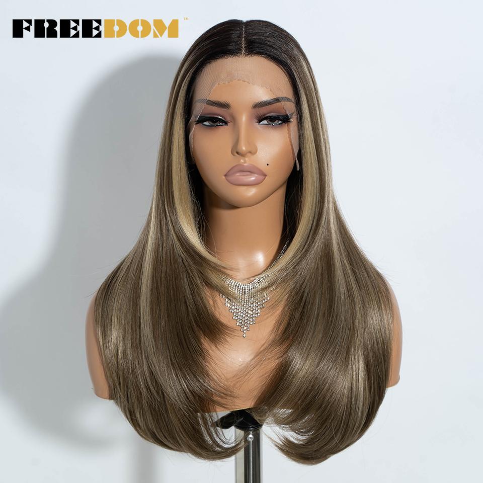 

FREEDOM Straight Synthetic Lace Front Wig 24 Ombre Brown T Lace And 6x4 Pre Plucked Pre Cut Wear and Go Glueless Wigs For Woman (as the picture,24inches)