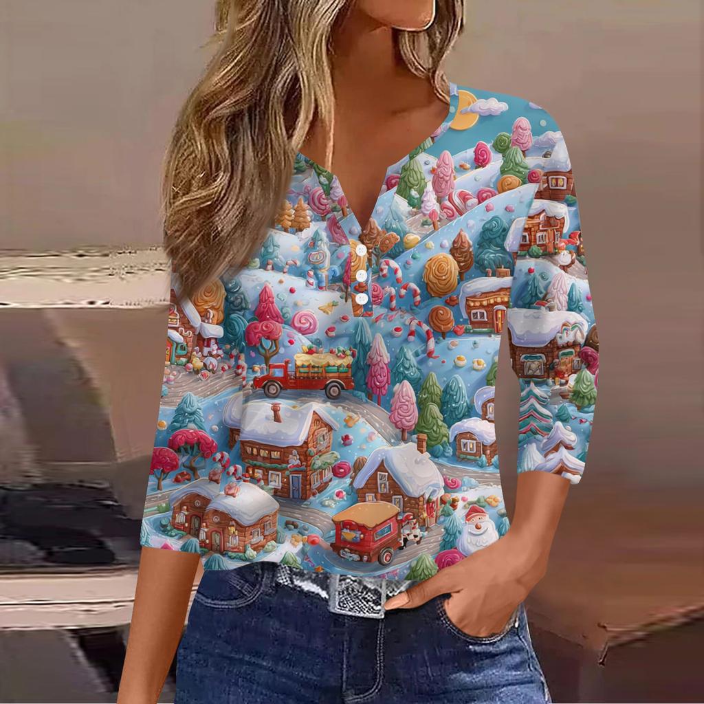 Women's Casual Fashion V-neck Loose Versatile Christmas Print Three-quarter Sleeve Top