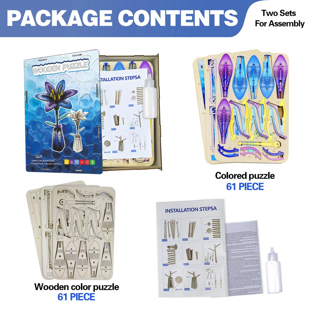 Lily Puzzle Wooden 3D Three-Dimensional Splicing Toy 2-In-1 Set Coloring Puzzle