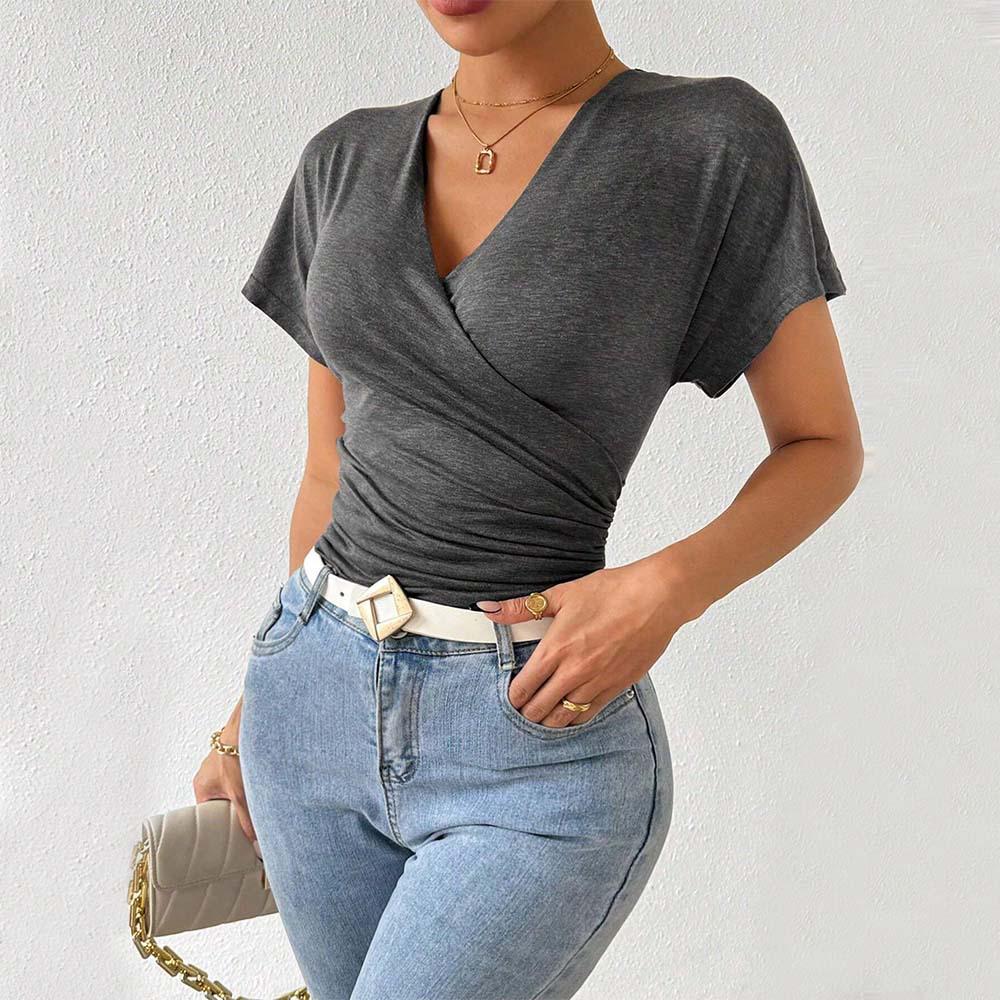 2024 European-American Deep V Knitted Pleated Slimming Top