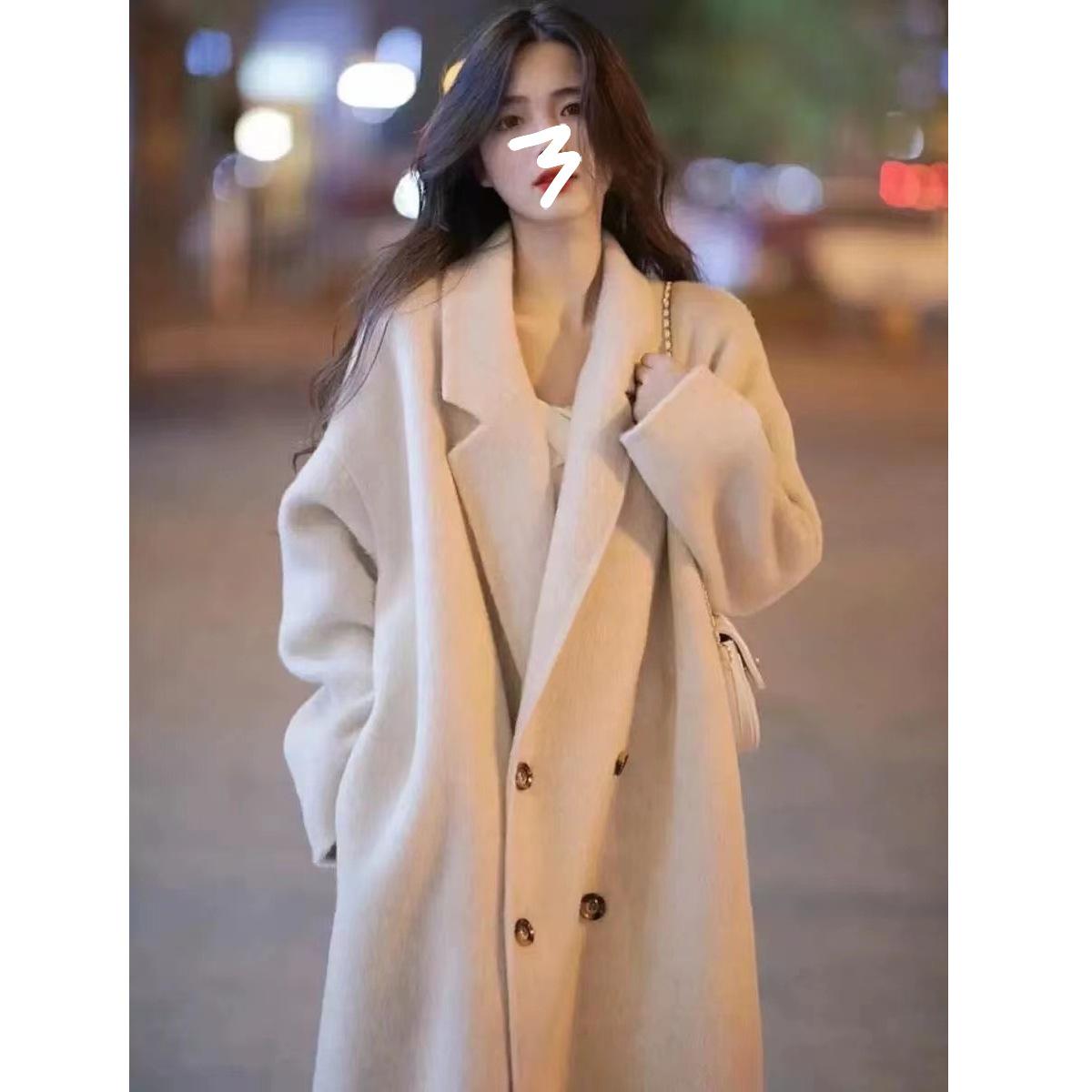 

Жіноче фіолетове вовняне двостороннє вільне пальто міді в стилі Хепберн - Осінь/Зима 2025, корейський стиль L бежевий