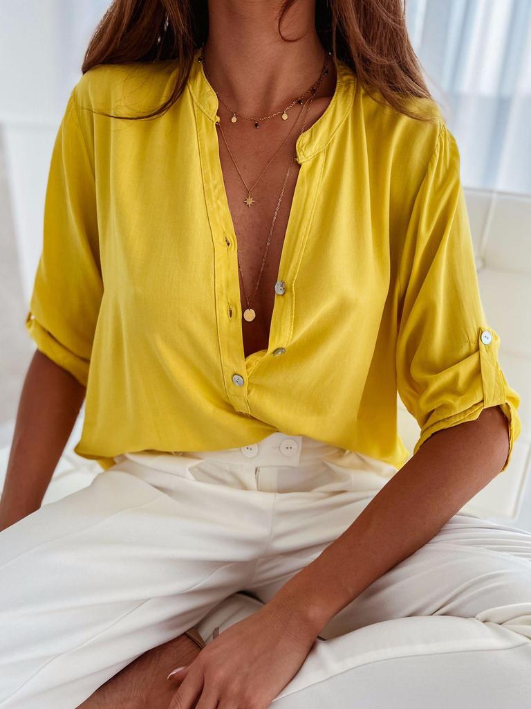 Women's Trendy Short-Sleeve Stand Collar Loose Button-Up Shirt