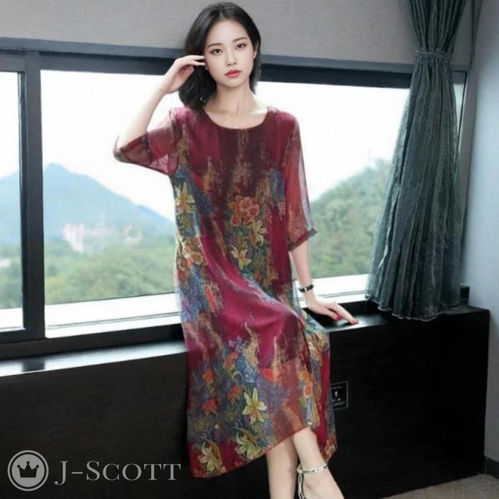 J-Scott Damen A-Linien Chiffonkleid mit Blumendruck, Rundhalsausschnitt, asymmetrischem Saum und 3/4-Ärmeln, Rot, JS15-RD-L