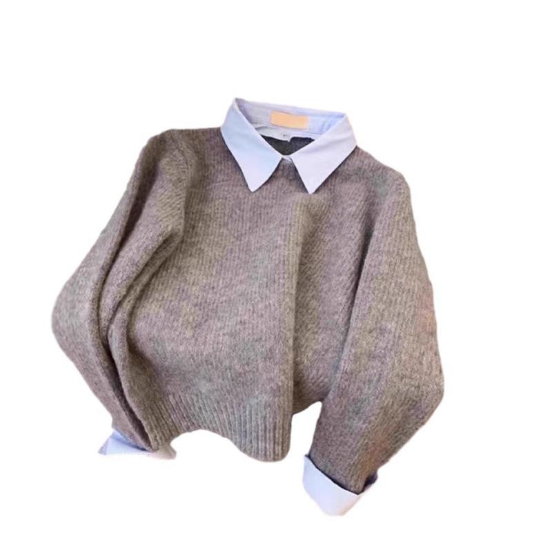 Autumn and Winter New Women's Sweater Shirt Collar Fake Two-piece Knitted Sweater Women's Jacket Long-sleeved Pullover Top