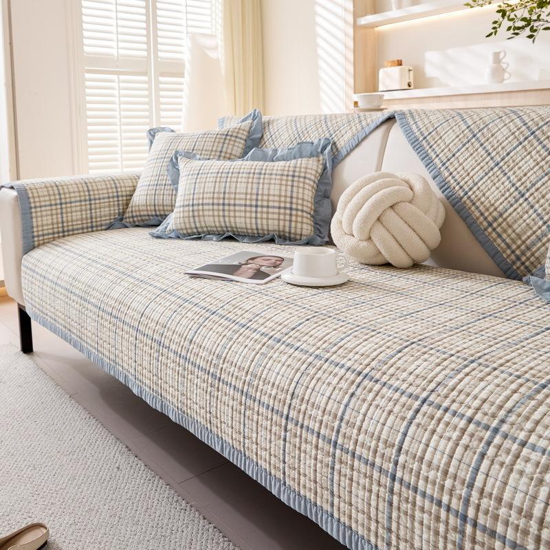 Quilted Washed Cotton Sofa Cushion Korean Small Fresh Fabric Non-slip Solid Wood Sofa Cover  New Seat Cushion