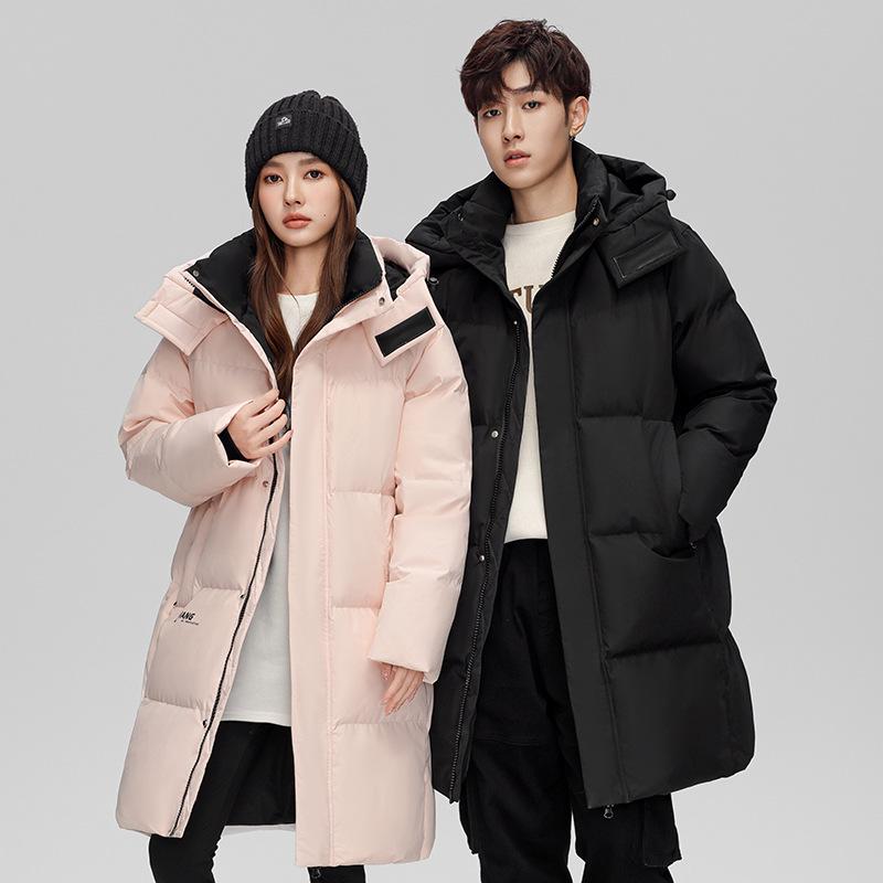 Unisex Mid-Length Hooded Down Jacket, 90% White Duck Down, Thickened for 2025 Winter, Trendy Couple's Warm Outerwear with Cold Protection.
