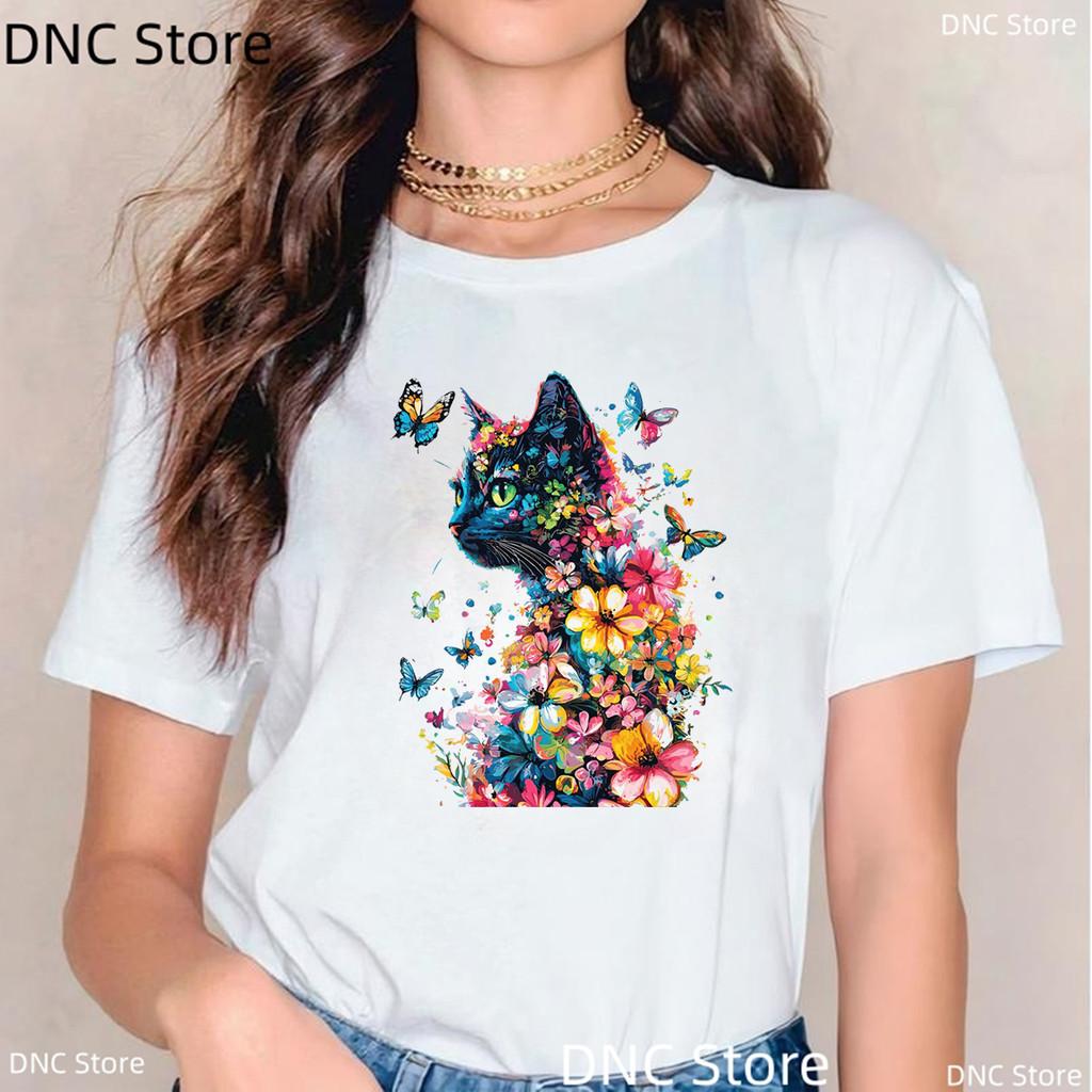 New Women'S Tshirt Funny Watercolor Butterfly Cat Animal Print Tshirt Girls Fashion Summer Female Tshirt White Short Sleeved Top