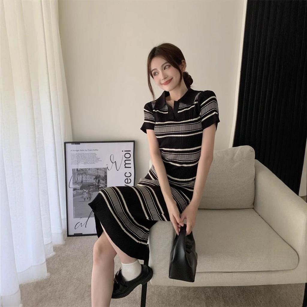 Summer 2025 Knitted Striped Polo Dress: Slim Waist, Hip-Hugging, Mid-Length Style for Women