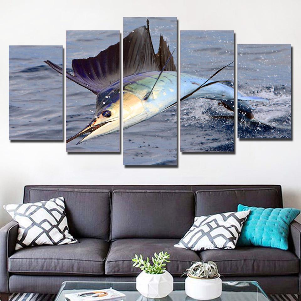 HD Wall Art Canvas Painting Home Decorative Pictures Modular Painting 5 Panel Swordfish Prints For Living Room