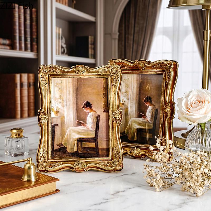 European Retro Floral Border Photo Frames Golden Picture Frame Bedside Table Wedding Anniversary Photo Frame Desk Decoration