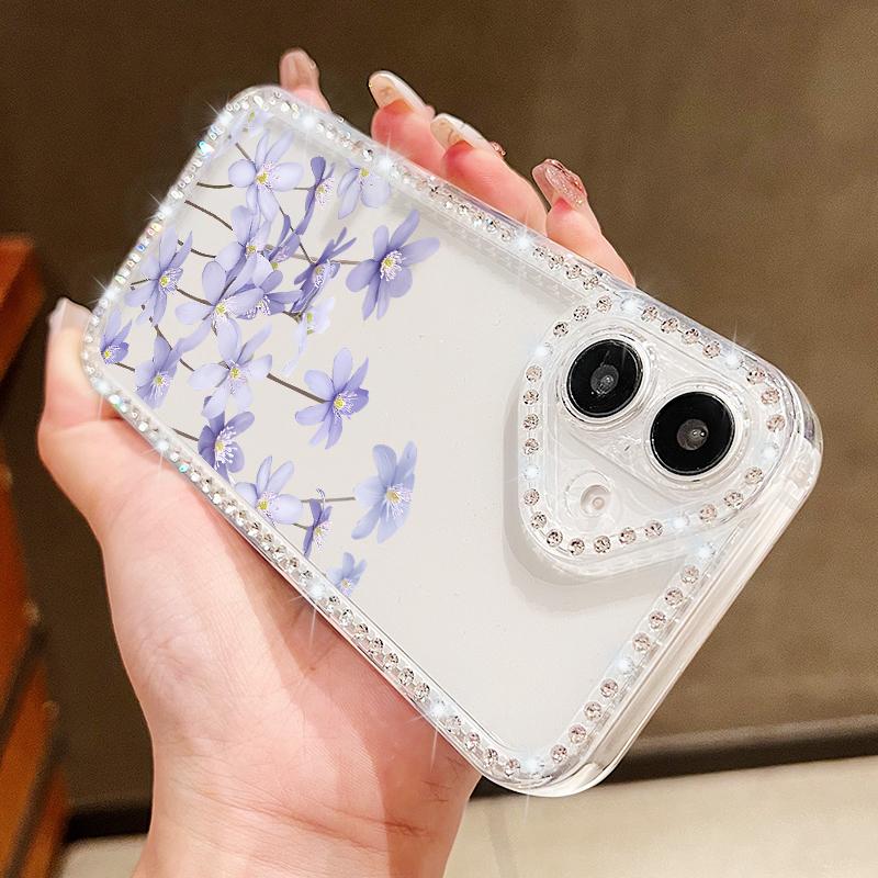 Flower Pattern Clear Soft Silicone Case For iPhone 16E 16 Pro Max 15 Pro 14 13 12 11 Diamond Frame Shockproof Transparent Phone Cover