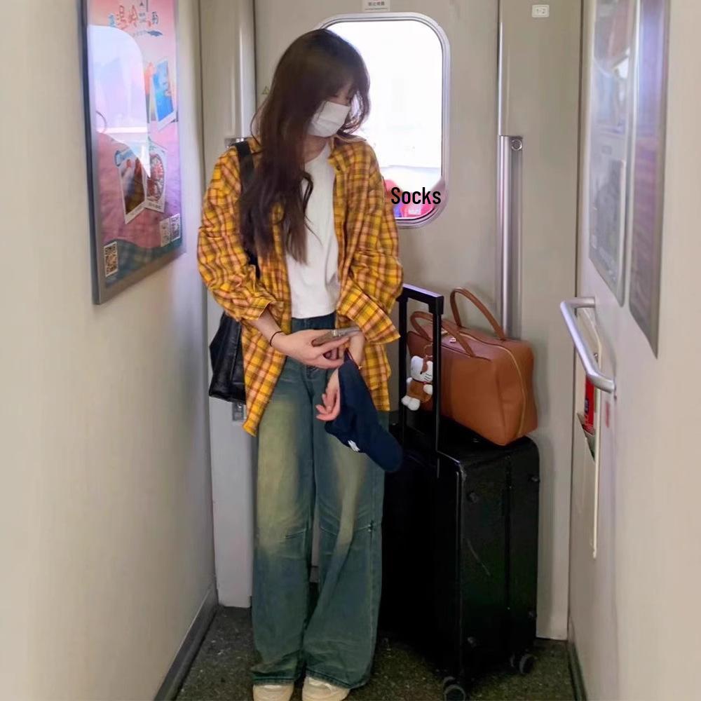 

Women s Casual Loose-Fit Retro Plaid Jacket - Yellow, Spring Collection M