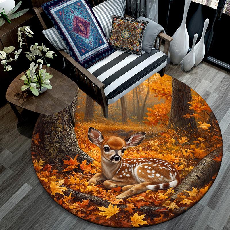 Autumnal Fawn Round Area Rug,Carpet Rug for Living Room Bedroom Sofa Playroom Decor,Non-slip Floor Mat