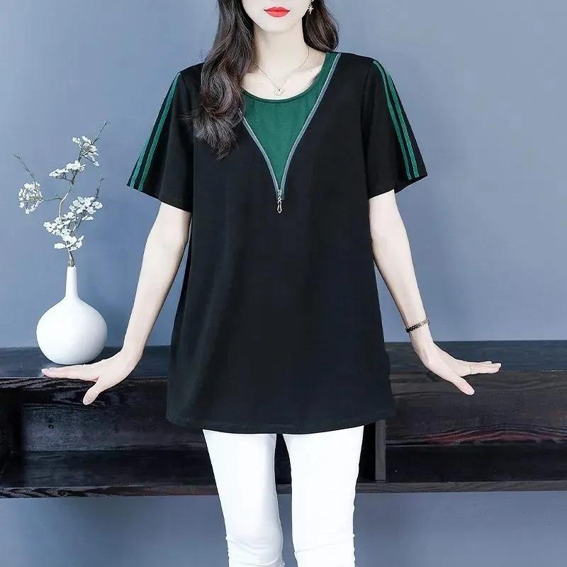 Pure Cotton Short-sleeved T-shirt for Middle-aged Women Summer Casual Fashion Contrast Color Outer Top