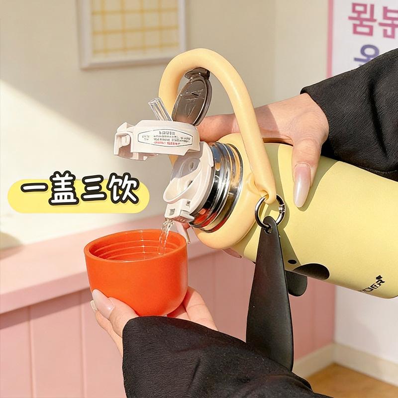 Hand-Thermosbecher Edelstahl Tragbar Doppelter Trinkhalmbecher Kinder Schüler Niedlicher Wasserbecher