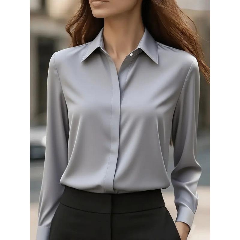 Autumn Solid Color Long Sleeve Shirt Lapel Satin Blouse Shirt for Women