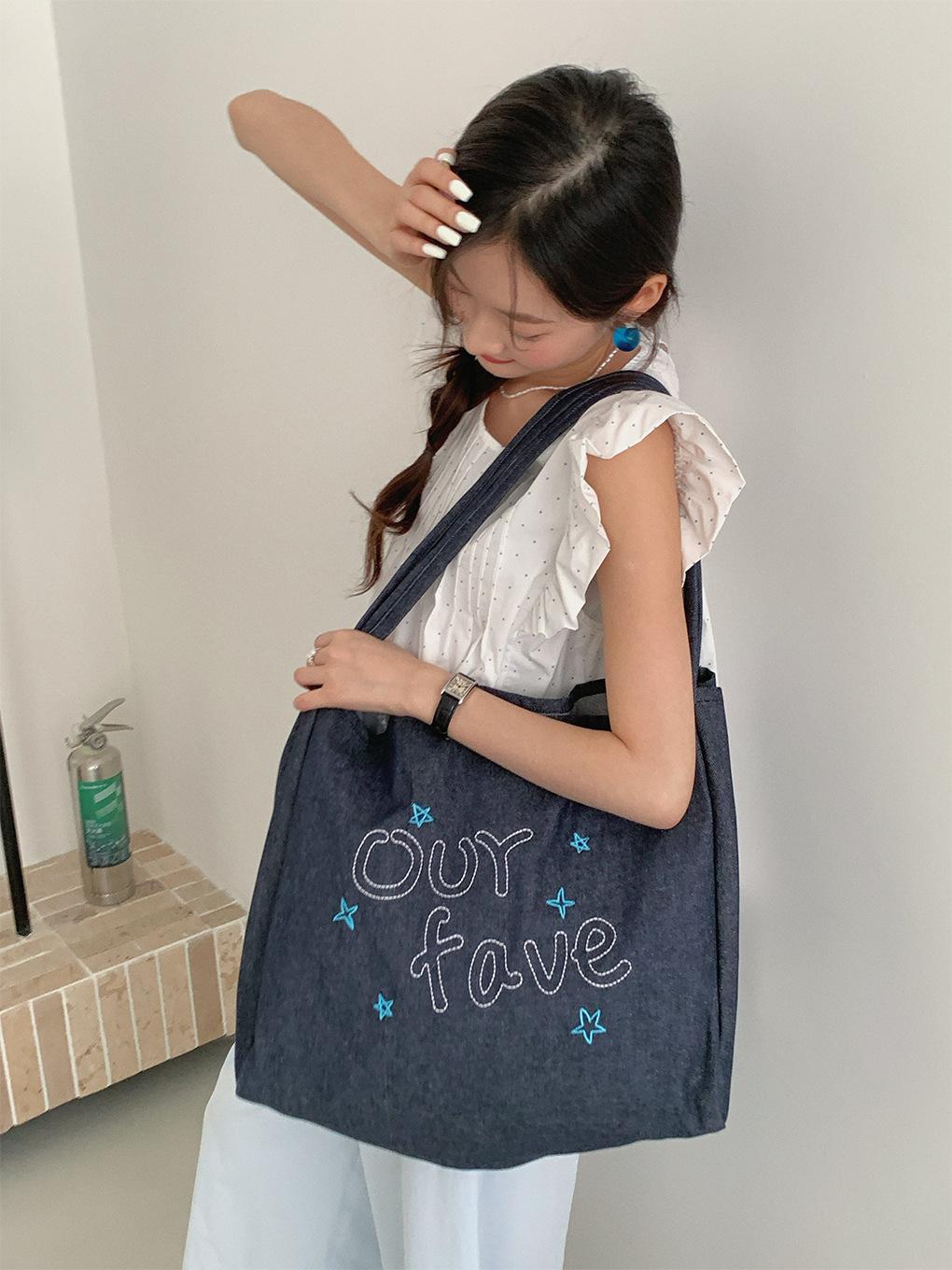 

Retro Denim Shoulder Bags for Women Large Capacity Commuter Ladies Tote Handbags Letter Embroidery Female Travel Shopping Bag чёрный