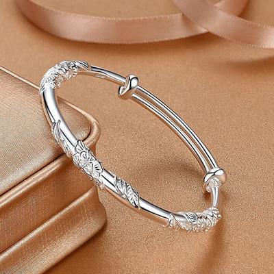 Brățară de modă cu flori argintii pentru femei, textură simplă, reglabilă, brățări solide, brățări light luxury, bijuterii de petrecere