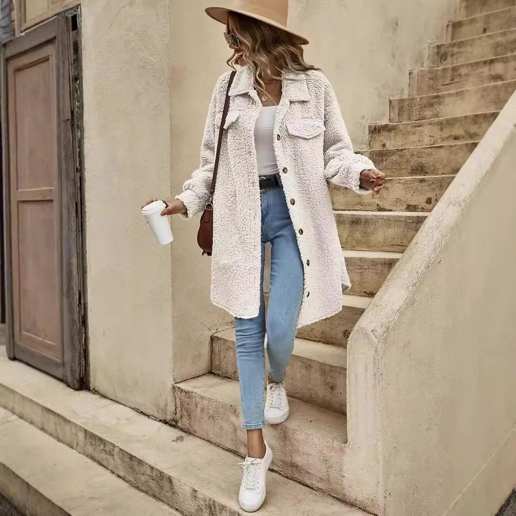 Women's Lapel Plush Jacket Elegant Long Overcoat Loose-Fit Winter Warm Cross-Border Amazon