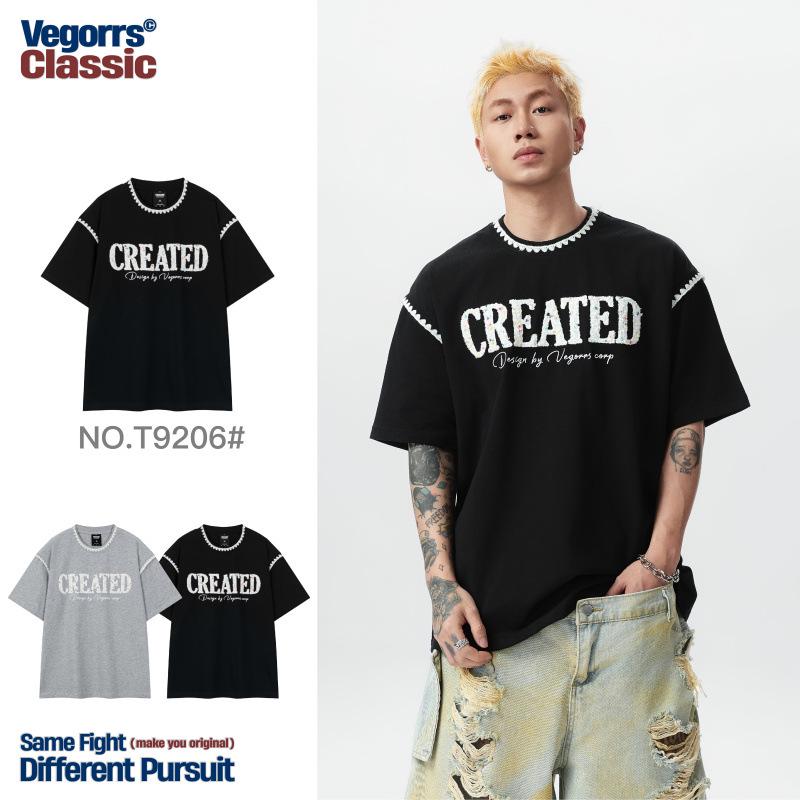 

VEGORRS Unisex Summer Lace Round Neck Letter T-Shirt, Short Sleeve, Style T9206 L