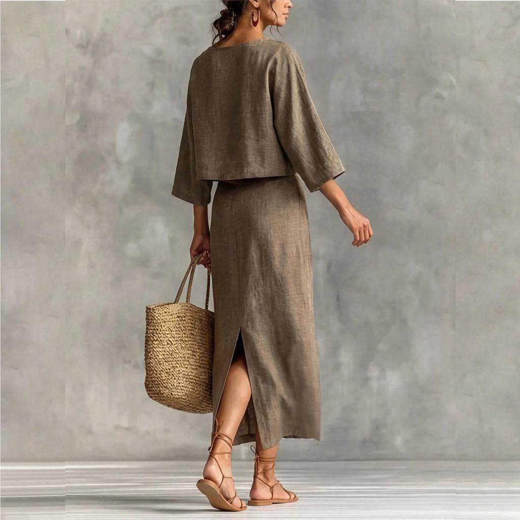 Modisches Lässiges Rundhals-Pullover-Oberteil mit Sieben-Zoll-Ärmeln und High-Waist-Midi-Rock-Set für Damen