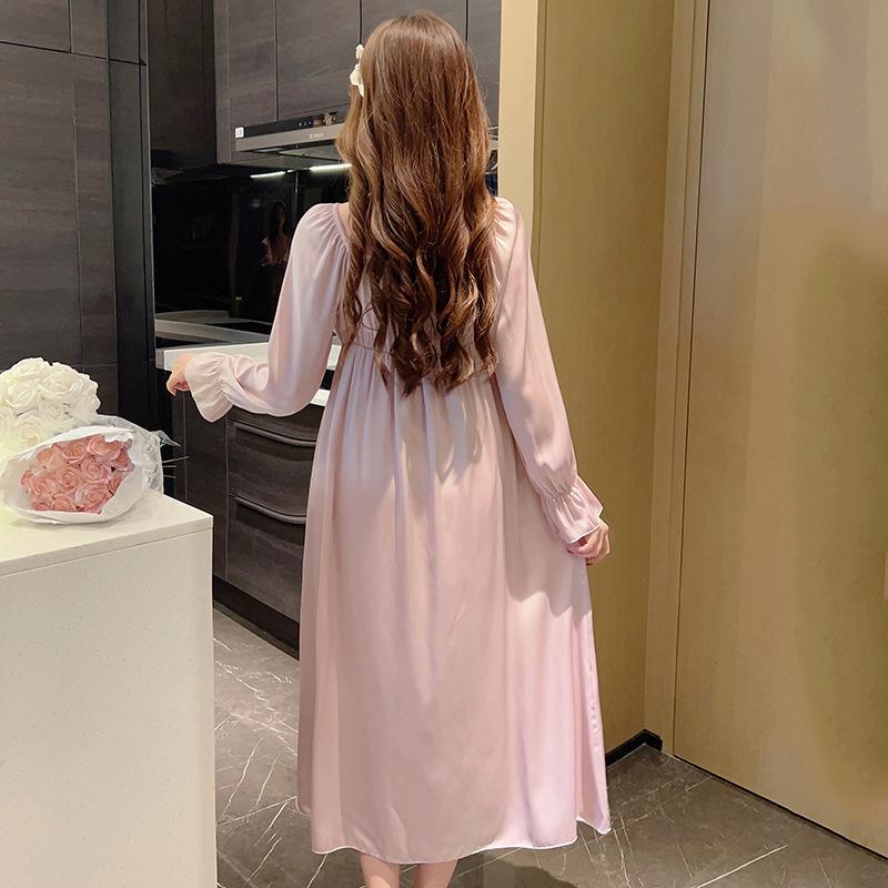 Französischer Pyjama für Damen, langärmeliges Nachthemd im Hofstil, Loungewear aus Imitationsseide, Nachthemd aus Eisseide im Prinzessinnenstil für Damen