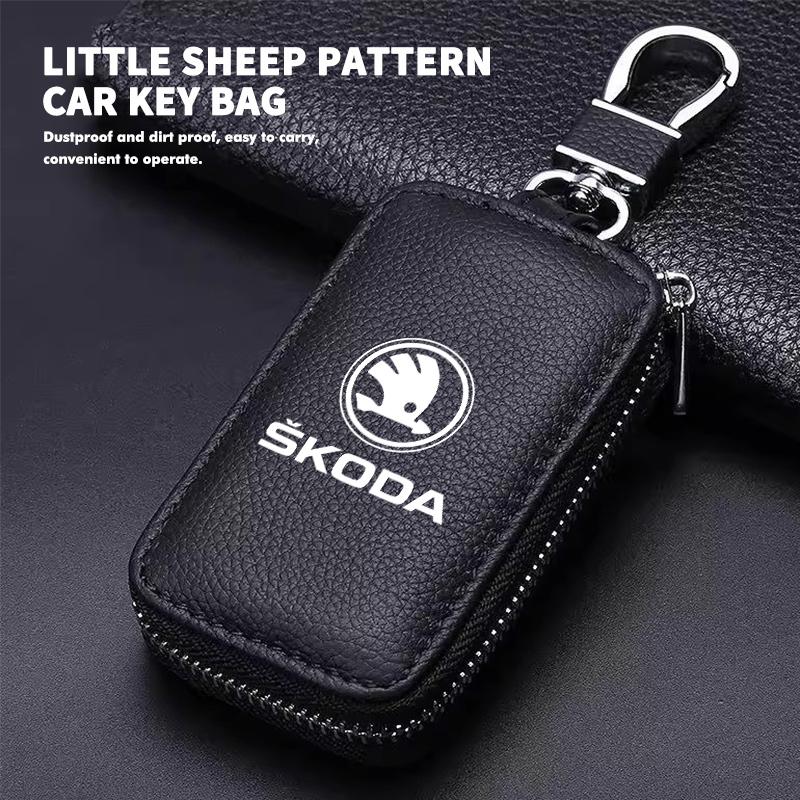 JOON9 Car Key Bag Zipper Case PU Leather Anti-Theft Key Fob Pouch For Skoda Fabia 1 2 Octavia A7 RS Superb Rapid Yeti Karoq Vision