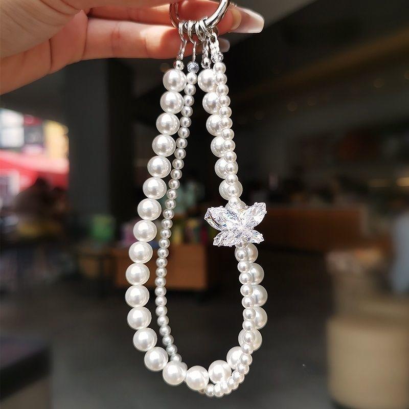 Pearl Phone Chain Fashion Wrist Crystal Pendant Jewelry Exquisite Handmade Beaded Double Chain Short Anti-Lost Handheld Chain