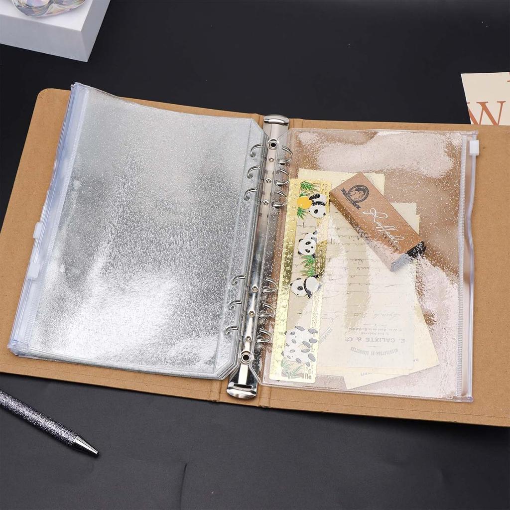 10pcs A5 Cash Stuffing Envelopes Zipper Binder Pockets Clear Glitter PVC 6 Hole Zip Sleeves Loose Leaf Pouches for 6 Ring Binder Planner (A5 5.91" x