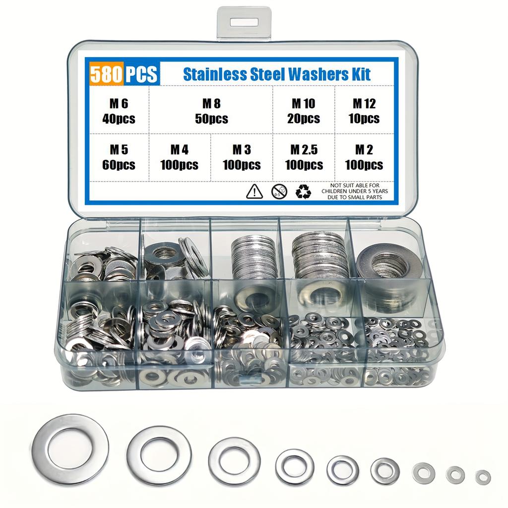 Stainless Steel 80-580pcs Assortment Set - Flat Washers Kit with Custom Storage Box - Multiple Sizes (M2-M10) for Screws Bolts,