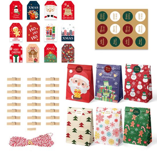 24Pcs/Set Christmas Gift Bag Santa Claus Snowman Deer Pattern Paper Treat Boxes Candy Packaging Festive Goodie Bags Decoration