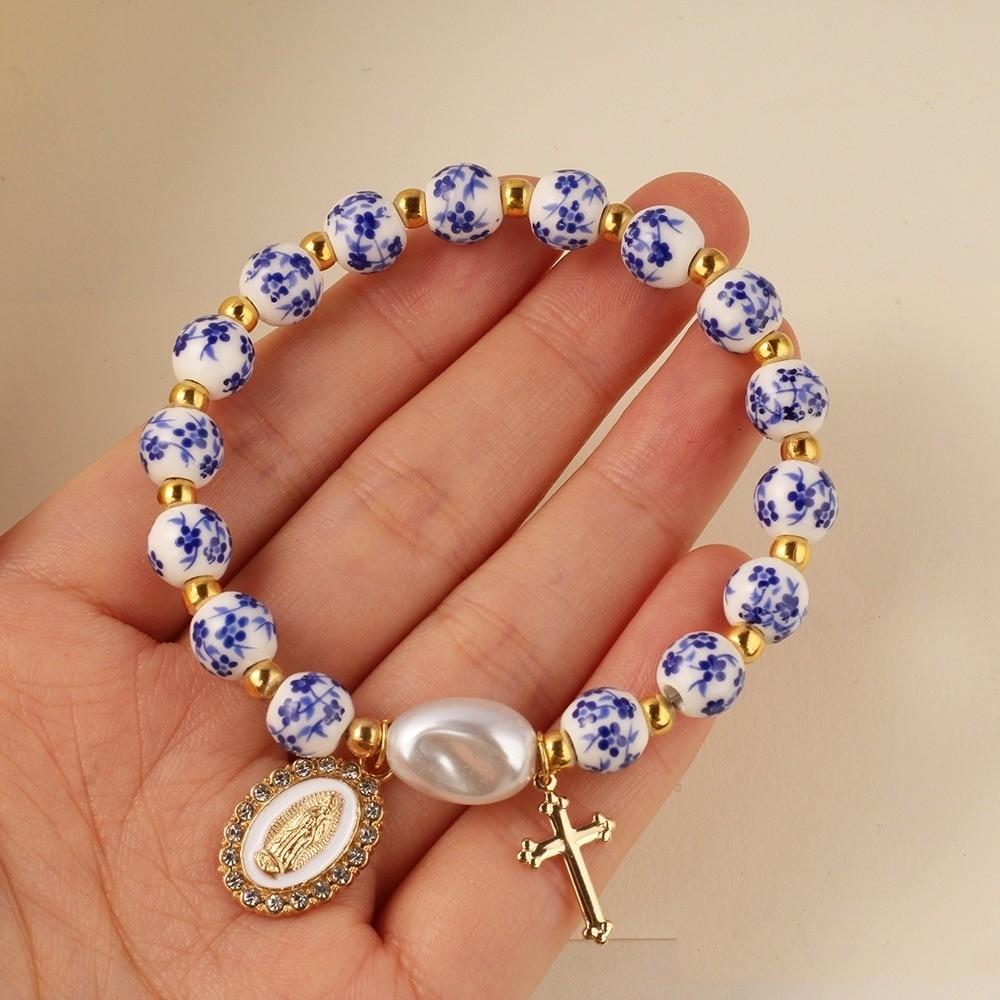 Chinese Style Blue and White Porcelain Bracelet Elastic Vintage Beaded Bow Bracelet Versatile Pretty Ceramic Bracelet for Women