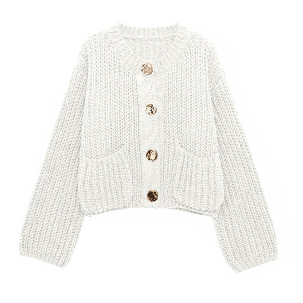 European Casual Women's Solid Color Round Neck Cardigan Sweater - Loose Knit Long Sleeve Top