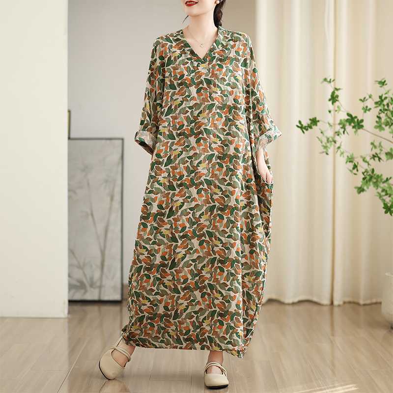 New Color V-neck Retro Long Skirt Cotton Linen Dress