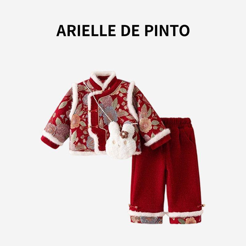 French Arielle De Pinto Girls  Winter Outfit Chinese Style Thickened Hanfu Children s Red New Year Clothing Red Suit 90