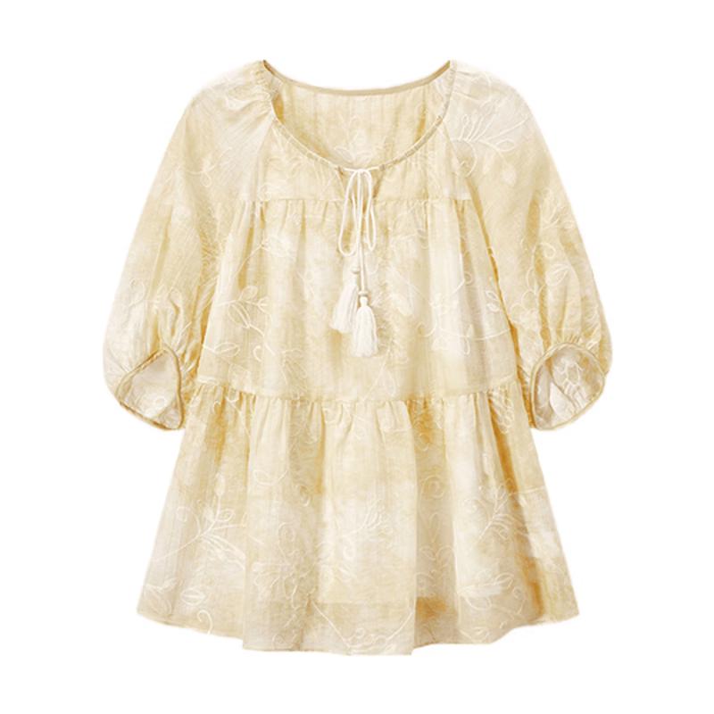 Women s Tie-Dye Jacquard Puff Sleeve Blouse L