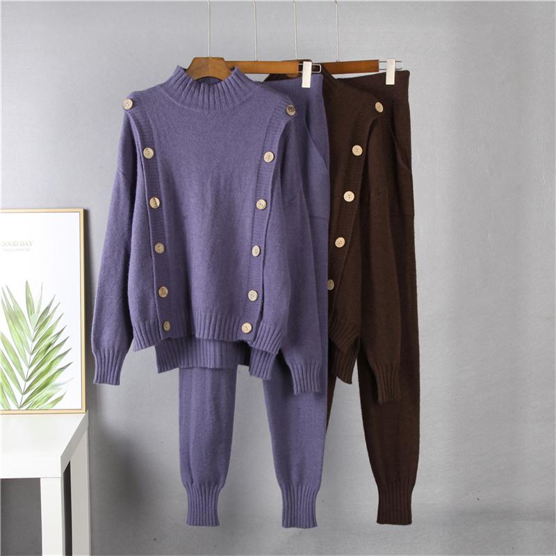 Hirsionsan Ležérní měkká pletená souprava Dámské 2021 Podzim Zima Svetr & Mrkvové kalhoty 2 kusy Dámský outfit Tepláky Haremové kalhoty