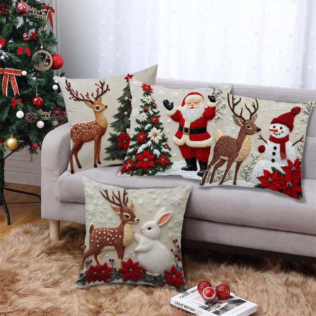 Christmas Pillow Cover Holiday Reindeer Rabbit Decorative Sofa Atmosphere Linen Cushion Cover Festive Home Decor