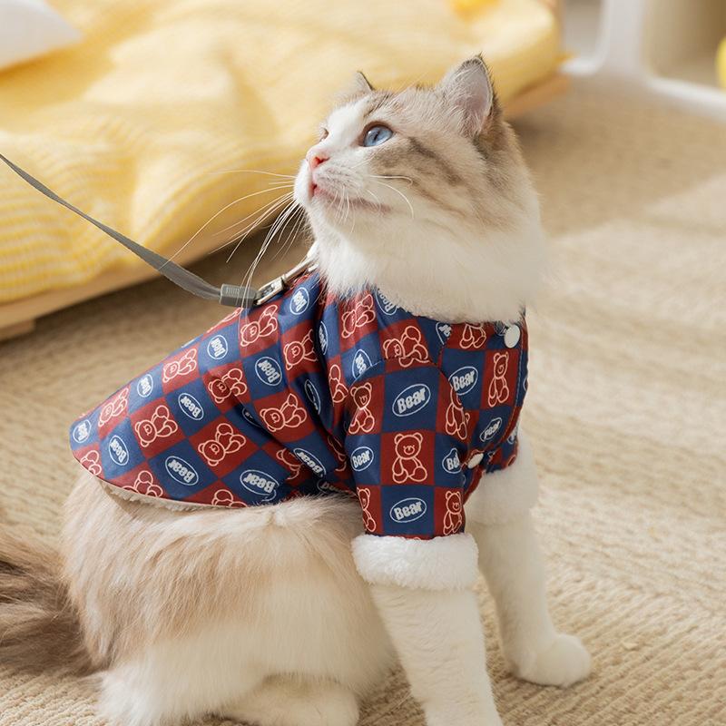 Thickened warm cat clothes hairless cat bear plaid print traction cotton-padded clothes teddy bear dog pet clothing