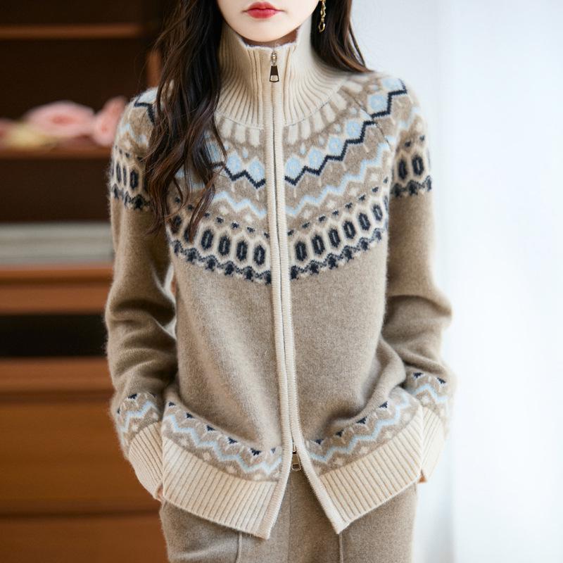 Women's Thickened Fair Isle Pure Wool Cardigan – Loose Knit Sweater Coat for Autumn & Winter
